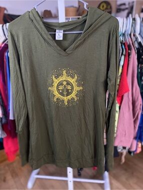 Olive Hooded V-Neck Sweatshirt with Yellow Sun Motif